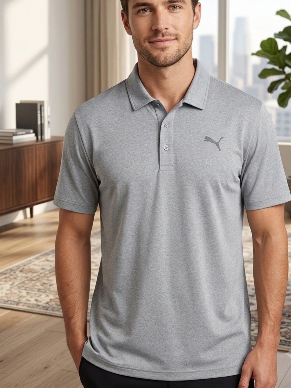 Puma Men's Heather Light Blue Polo with Tonal Logo
